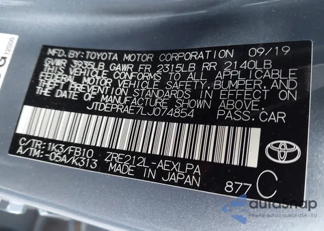 2020 Toyota Corolla Le from USA, damaged, VIN JTDEPRAE7LJ074854